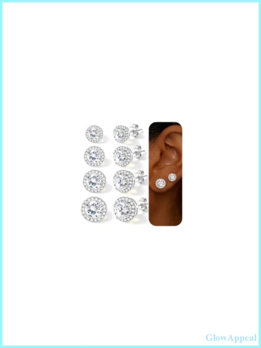4 Pairs Halo Stud Earrings for Women, 18K Silver Plated Hypoallergenic CZ Studs